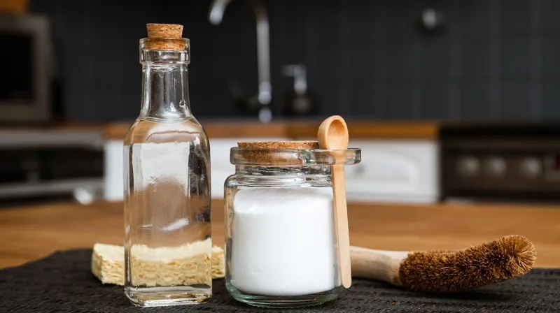 Natronpulver wird auf eine verschmutzte Küchenoberfläche gestreut, daneben eine Sprühflasche mit Essiglösung