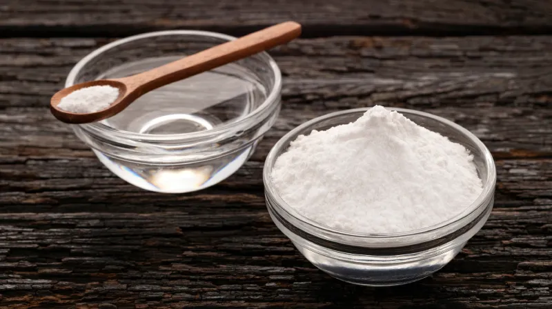 Verschiedene Natron-Anwendungen: eine Schüssel mit Pulver, eine Sprühflasche und ein Mikrofasertuch auf einer Holzoberfläche